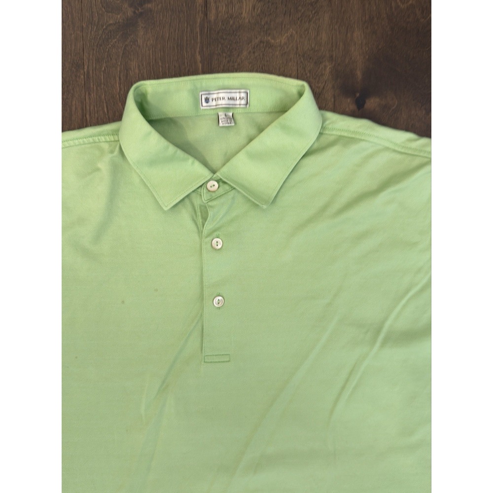 Peter Millar Polo Shirt Men Size L Green Herringbone Collard Short Sleeve Button
